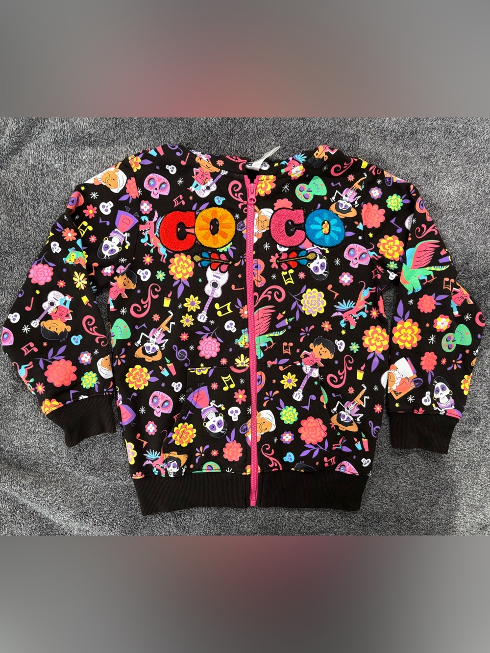 Disney Coco Black Zip Hoodie with Colorful Print size M